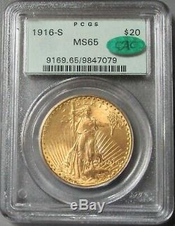1916 S Gold $20 Saint Gaudens Double Eagle Coin Pcgs Mint State 65 Cac