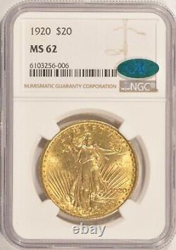 1920 $20 Saint Gaudens Gold Double Eagle NGC MS62 Pre-1933 Gold with CAC Sticker