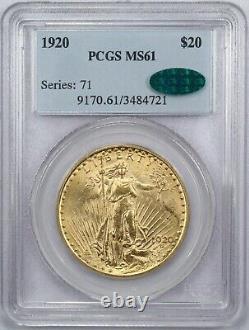 1920 Saint Gaudens $20 Gold Double Eagle, PCGS MS61 CAC, Uncirculated BU
