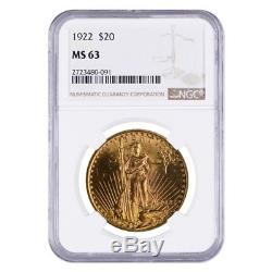 1922 $20 Gold Saint Gaudens Double Eagle Coin NGC MS 63