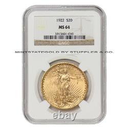 1922 $20 Gold Saint Gaudens Double Eagle NGC MS64 choice graded Philadelphia