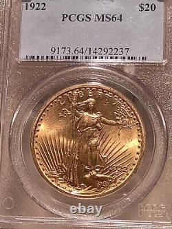 1922 $20 Gold Saint Gaudens Double Eagle, PCGS, graded MS64 Choice quality
