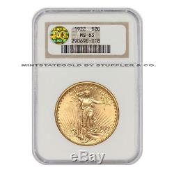 1922 $20 Saint Gaudens NGC MS63 PQ Approved choice Gold Double Eagle coin
