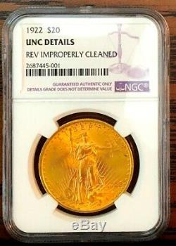 1922 $20 St. Gaudens Gold Double Eagle Coin NGC UNC DETAILS