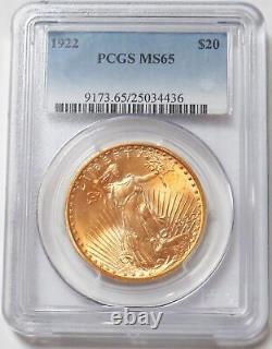 1922 Gold $20 Saint Gaudens Double Eagle Coin Pcgs Gem Mint State 65