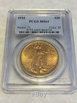 1922 MS64 PCGS Saint Gaudens Double Eagle $20 Gold Coin PQ great appeal xclnt
