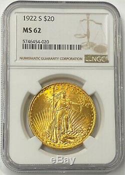 1922-S $20 Saint Gaudens Gold Double Eagle NGC MS62 Bright Crisp Detail, Beauty