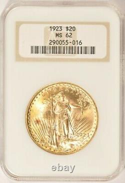 1923 $20 Saint Gaudens Gold Double Eagle Coin NGC MS62 NoLine Fatty Copper Spots