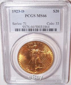 1923-D $20 Denver Gold GEM St Gaudens Double Eagle PCGS MS66