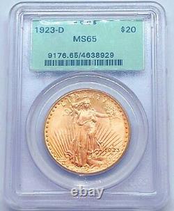 1923-D $20 Gold Saint Gaudens PCGS OGH MS65 Double Eagle 638929