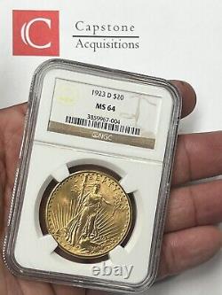 1923-D $20 Saint Gaudens Pre-33 Gold Double Eagle NGC MS64 A Nice Sleeper Date