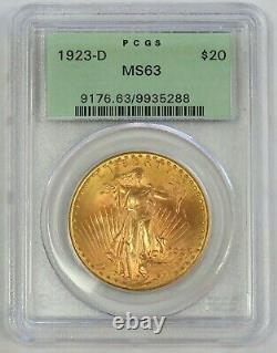 1923 D Gold $20 Saint Gaudens Double Eagle Green Label Coin Pcgs Mint State 63
