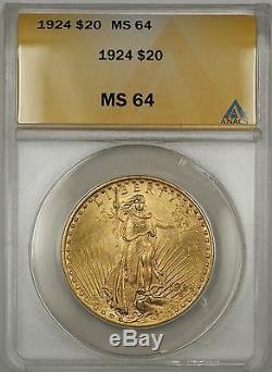 1924 $20 Dollar St. Gaudens Double Eagle Gold Coin ANACS MS-64 BP