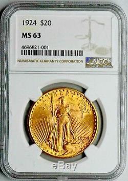 1924 $20 MS-63 NGC Gold Double Eagle Saint Gaudens Coin. CHOICE BU