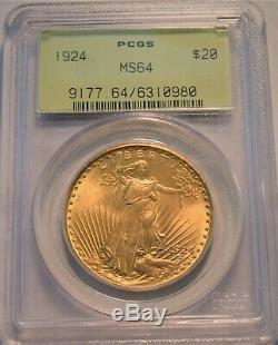 1924 $20 PCGS MS 64 Gold St. Gaudens Double Eagle, OGH Near GEM Unc, PQ Saint