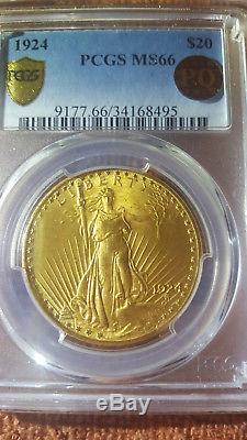 1924 $20 ST GAUDENS GOLD PCGS MS 66 DOUBLE EAGLE. Rare PQ approved emblem