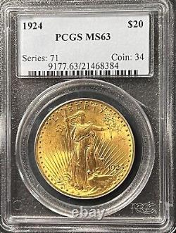 1924 $20 Saint Gaudens Gold Double Eagle Coin PCGS MS63
