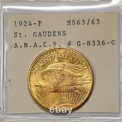 1924 $20 Saint-Gaudens Gold Double Eagle MS63 / 63 ANACS Photo Cert. G-8336-C