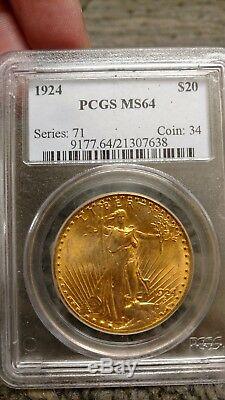 1924 PCGS MS 64 Double Eagle, $20 Gold St Gaudens DEEP LUSTER Free S/H