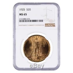 1925 $20 Gold Saint Gaudens Double Eagle Coin NGC MS 65