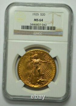 1925 $20 Ngc Ms64 Gold St. Gaudens Double Eagle Graded Coin Bullion