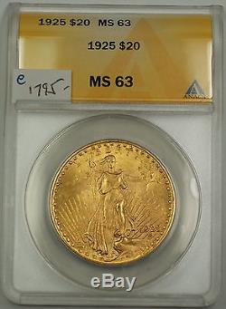 1925 $20 St. Gaudens Double Eagle Gold Coin ANACS MS-63