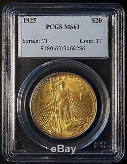 1925 $20 US Gold Saint Gaudens Double Eagle Coin (PCGS MS 63 MS63) LV11G