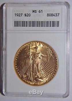 1927 $20 Gold Dollar Double Eagle Saint Gaudens ANACS MS-61