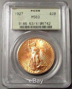 1927 Gold $20 Saint Gaudens Double Eagle Green Label Pcgs Mint State 63