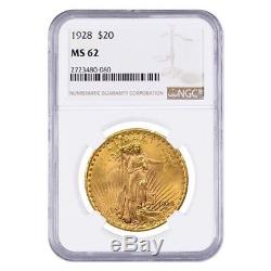 1928 $20 Gold Saint Gaudens Double Eagle Coin NGC MS 62