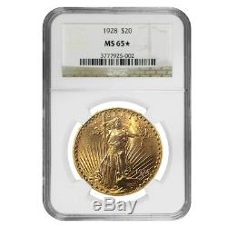 1928 $20 Gold Saint Gaudens Double Eagle Coin NGC MS 65 (Star)