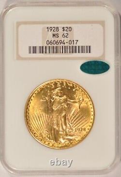 1928 $20 Saint Gaudens Gold Double Eagle Coin NGC MS62 CAC No-Line Fatty WOW