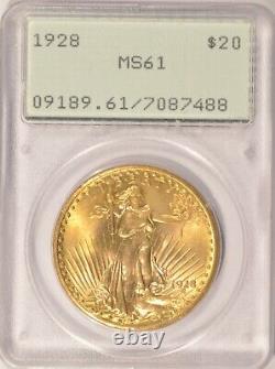 1928 $20 Saint Gaudens Gold Double Eagle Coin PCGS MS61 Rattler Holder