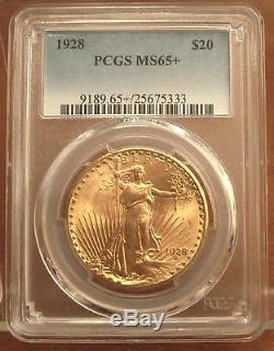 1928 Gold $20 Saint Gaudens Double Eagle Coin PCGS MS65+