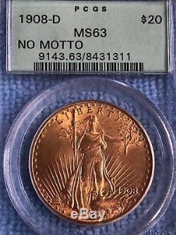 $20 US Gold Double Eagle, St. Gaudens, 1908-D No Motto, PCGS MS63, Old Green Label