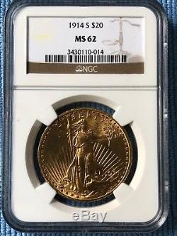 $20 US Gold Double Eagle, St. Gaudens. 1914-S, NGC MS62. Beautiful Gold