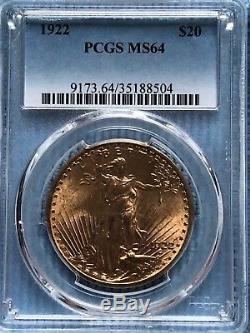 $20 US Gold Double Eagle, St. Gaudens. 1922 graded MS64 by PCGS. Beautiful Coin