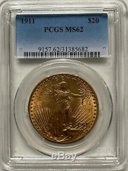 $20 US Gold Double Eagle, St. Gaudens. Date 1911, PCGS MS62. Beautiful Coin