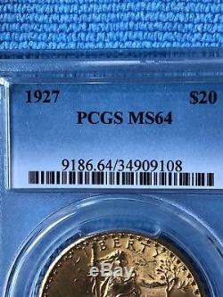 $20 US Gold Double Eagle, St. Gaudens. Dated 1927, PCGS MS64. Beautiful Coin