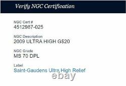 2009 $20 Ultra High Relief NGC MS 70 DPL Gold Double Eagle Saint-Gaudens
