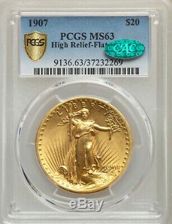 Key 1907 High Relief Flat Edge $20 St Gaudens Gold Double Eagle PCGS MS63 CAC