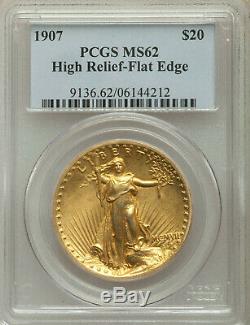 Key Date 1907 High Relief Flat Edge $20 St Gaudens Gold Double Eagle PCGS MS62