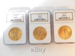 Lot of 3 NGC Graded MS 64 MS64 1924 1926 St. Gaudens $20 Double Eagle Gold Coins