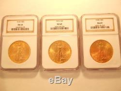 Lot of 3 NGC Graded MS 64 MS64 1928 St. Gaudens $20 Double Eagle Gold Coins G$20