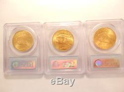 Lot of 3 PCGS GEM MS65 MS 65 1924 St. Gaudens $20 Double Eagle Gold Coins PQ