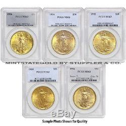 Lot of 5 $20 Saint Gaudens PCGS MS63 Gold Double Eagle Choice coins Random Year