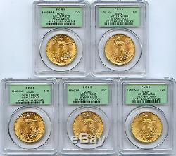 Lot of 5 No Motto $20 St. Gaudens Double Eagle Gold coins PCGS MS 66 Wells Fargo