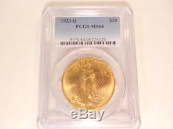 Lustrous PCGS 1923-D MS-64 MS64 St. Gaudens $20 Double Eagle Gold Coin G$20