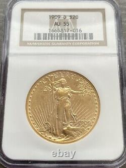 M14114- 1909-d Gold $20 Saint Gaudens Double Eagle Ngc Au55