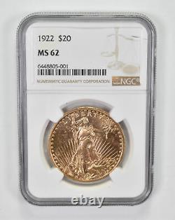 MS62 1922 $20 Saint-Gaudens Gold Double Eagle Graded NGC 0646